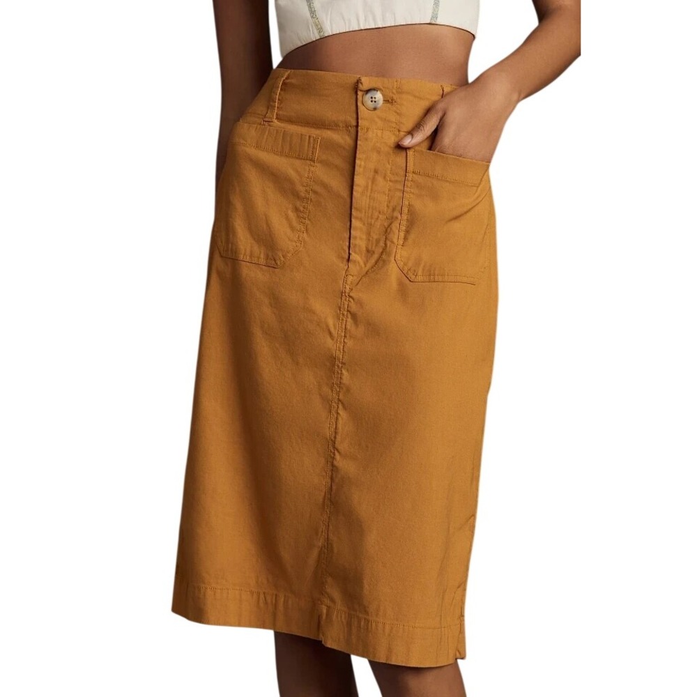Maeve Anthropologie Mustard Yellow Utility Midi Skirt Large Patch Pockets Ochre